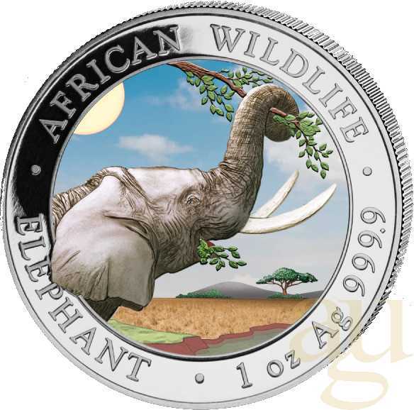 1 Unze Silbermünze Somalia Elefant 2023 - coloriert