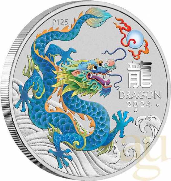 1/2 Unze Silbermünze Australien Lunar III Drache 2024 - türkis coloriert