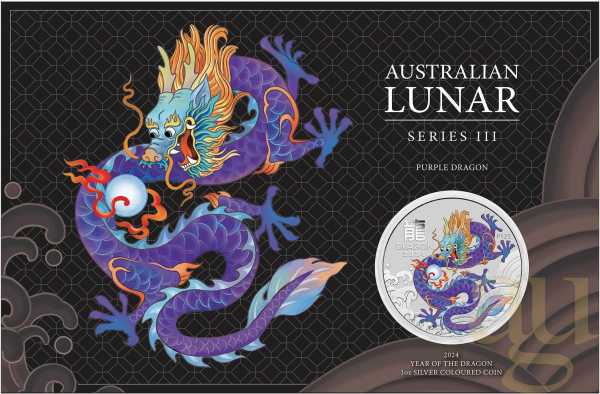 1 Unze Silbermünze Australien Lunar III Drache 2024 violett coloriert - Coincard