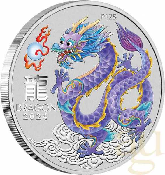 1 Unze Silbermünze Australien Lunar III Drache 2024 ANDA Special lila coloriert - Coincard