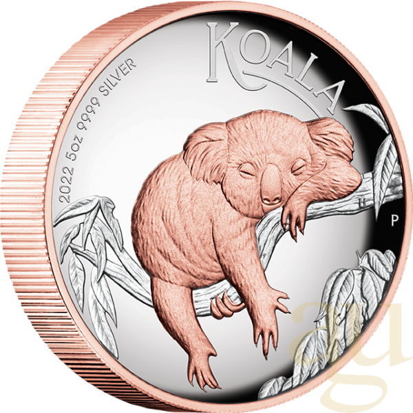 5 Unzen Silbermünze Australien Koala 2022 - High Relief - polierte Platte - rosè vergoldet