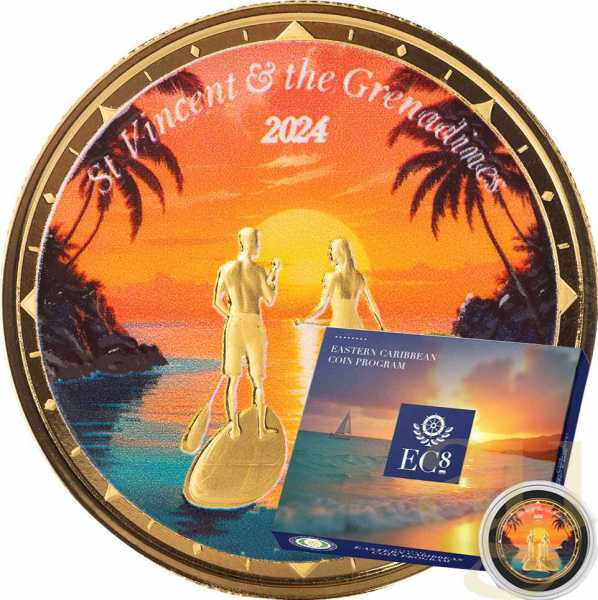 1 Unze Goldmünze EC8 St. Vincent & The Grenadines - Paddleboard Couple 2024 - coloriert