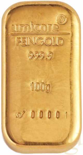 100 Gramm Goldbarren Umicore Gussbarren