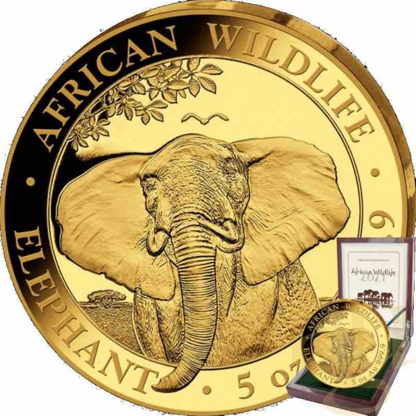 5 Unzen Goldmünze Somalia Elefant 2021 - polierte Platte
