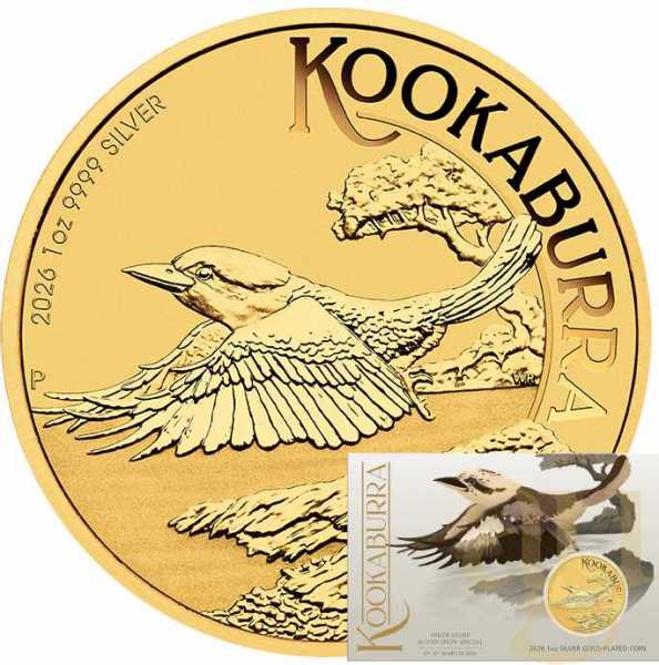 1 Unze Silbermünze Australien Kookaburra 2026 - teilvergoldet