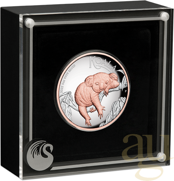 5 Unzen Silbermünze Australien Koala 2022 - High Relief - polierte Platte - rosè vergoldet