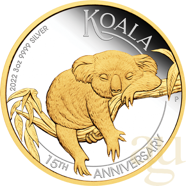 3 Unzen Silbermünze Australien Koala 2022 - 15 Jahre Jubiläum - polierte Platte teilvergoldet