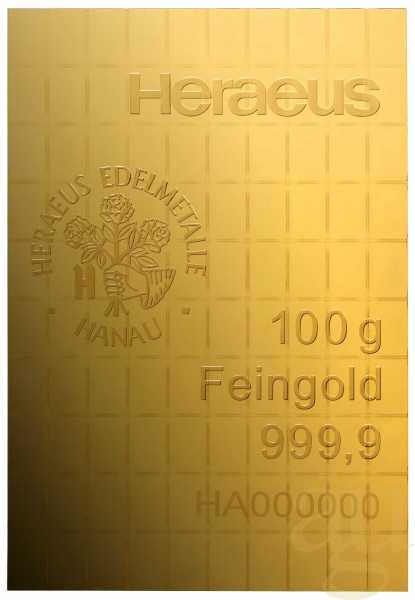100 x 1g Gold Heraeus Combibarren / Goldtafel / Tafelbarren