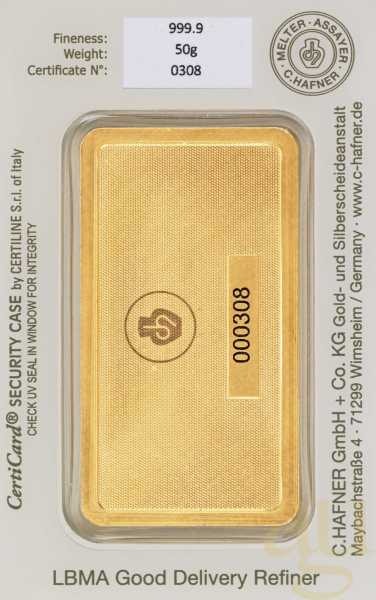 50 Gramm Goldbarren C. Hafner