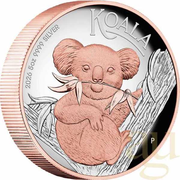 5 Unzen Silbermünze Australien Koala 2026 - High Relief - polierte Platte - rosè vergoldet