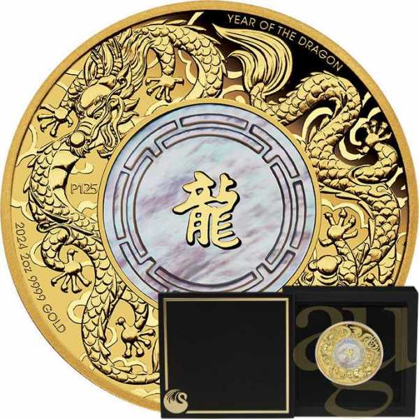 2 Unzen Goldmünze Australien Mother of Pearl Double Dragon 2024 - polierte Platte
