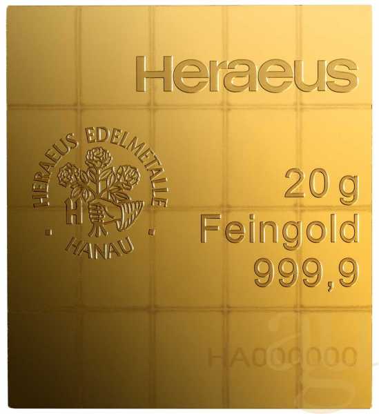 20 x 1g Gold Heraeus Combibarren / Goldtafel / Tafelbarren