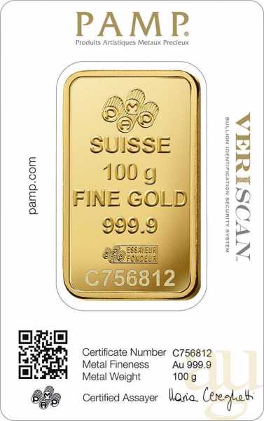 100 Gramm Goldbarren PAMP Fortuna