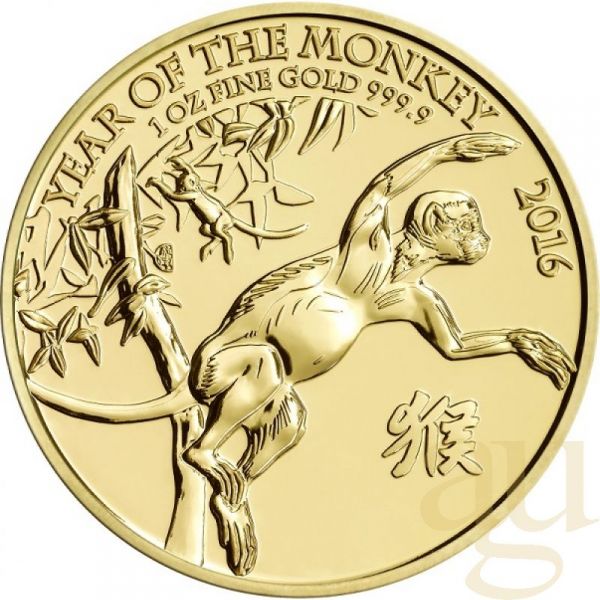1 Unze Goldmünze Lunar UK Affe 2016