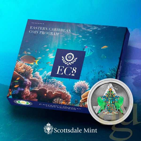 1 Unze Silbermünze EC8 St.Lucia - Coat of Arms 2023 - coloriert