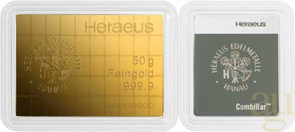 50 x 1g Gold Heraeus Combibarren / Goldtafel / Tafelbarren