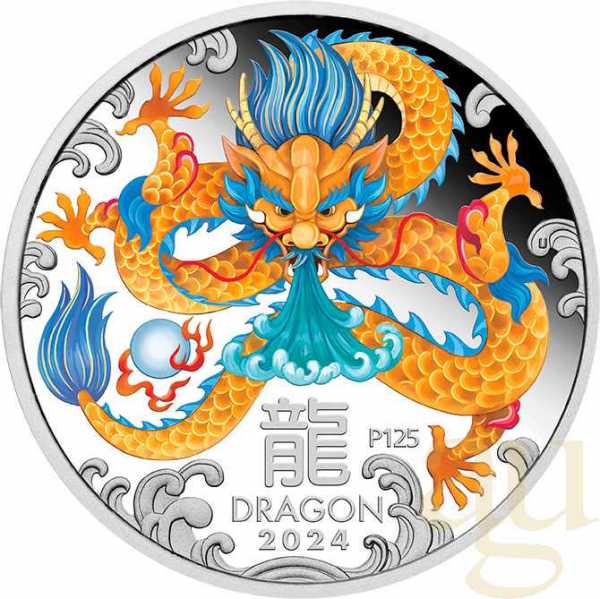 1 Unze Silbermünze Australien Lunar III Drache 2024 - polierte platte - coloriert