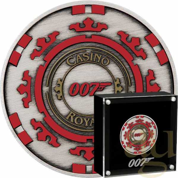 1 Unze Silbermünze Tuvalu James Bond - Casino Royale Chip 2023 - Antik Finish - coloriert