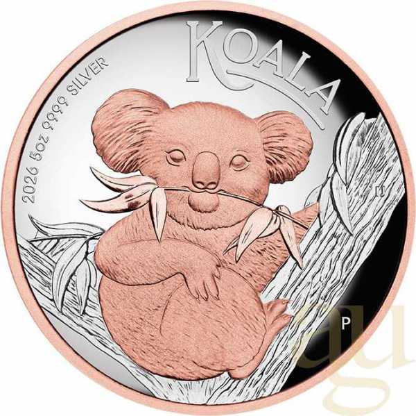 5 Unzen Silbermünze Australien Koala 2026 - High Relief - polierte Platte - rosè vergoldet