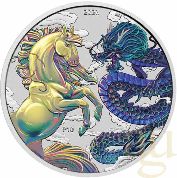 1 Unze Silbermünze Australien Chinese Myths and Legends Dragon and Horse 2026 - Gelb/Blau coloriert