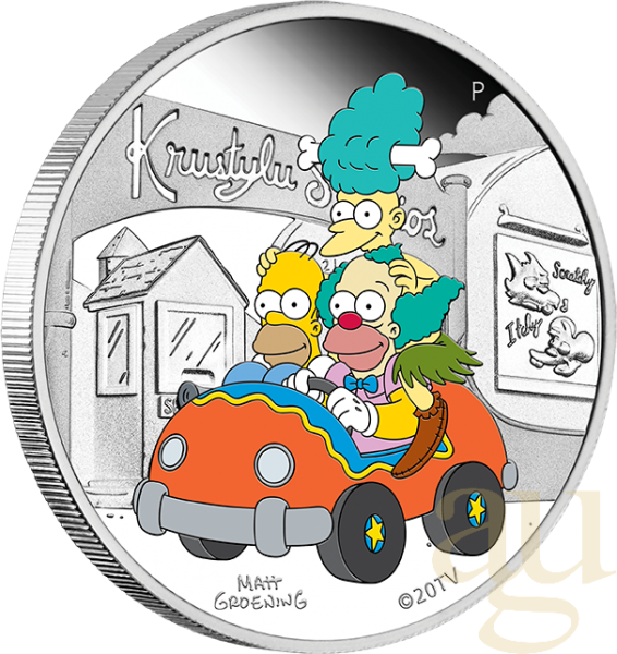 1 Unze Silbermünze Tuvalu The Simpsons - Krustylu Studios 2022 polierte Platte - coloriert