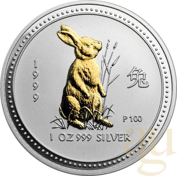 1 Unze Silbermünze Australien Lunar I Hase 1999 teilvergoldet