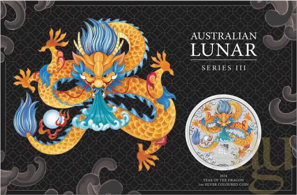1 Unze Silbermünze Australien Lunar III Drache 2024 coloriert - Coincard