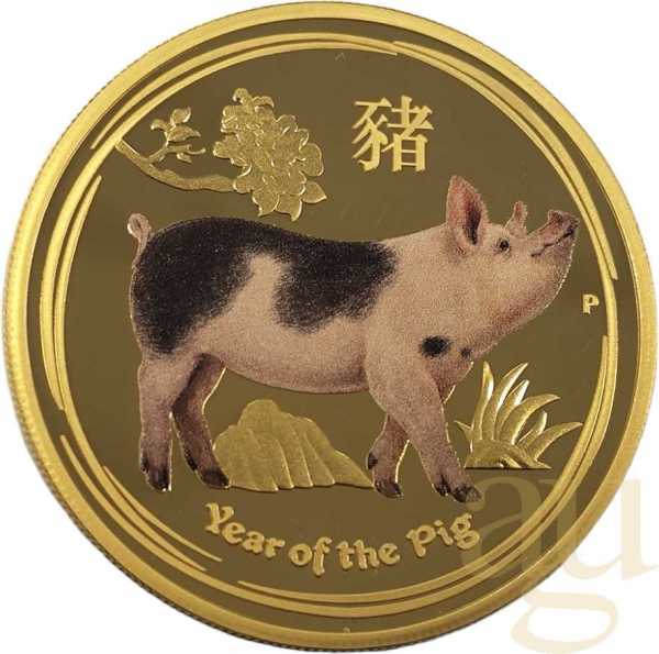 1 Unze Goldmünze Australien Lunar II Schwein 2019 coloriert - polierte Platte