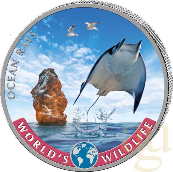 1 Unze Silbermünze Kongo World´s Wildlife - Rochen 2023 - coloriert