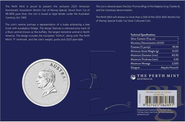 1 Unze Silbermünze Australien Koala 2025 ANA Bison Privy Mark coloriert - Coincard