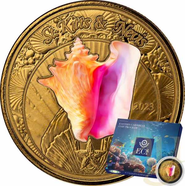 1 Unze Goldmünze EC8 St. Kitts & Nevis - Conch Shell 2023 - coloriert