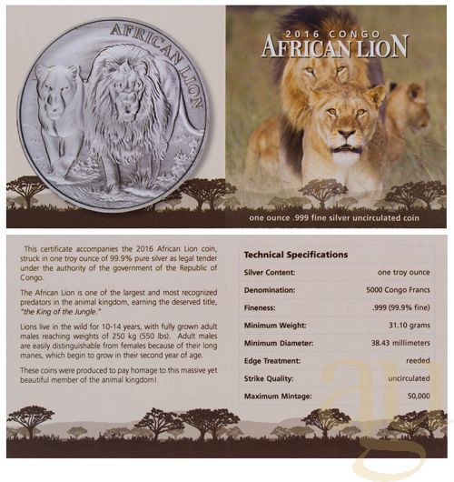 1 Unze Silbermünze Afrika Kongo Löwe 2016