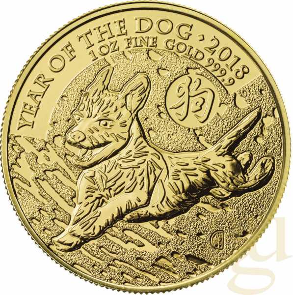 1 Unze Goldmünze Lunar UK Hund 2018