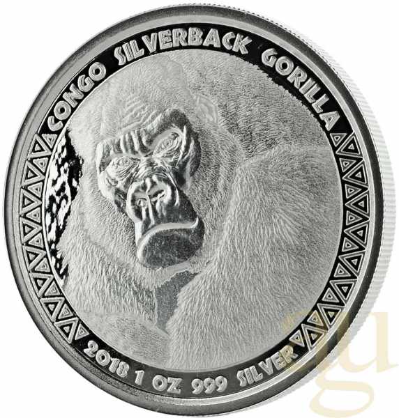 1 Unze Silbermünze Afrika Kongo Silberrücken Gorilla 2018