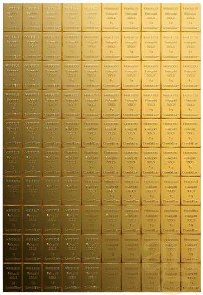 100 x 1g Gold Heraeus Combibarren / Goldtafel / Tafelbarren