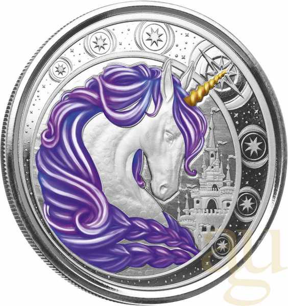 1 Unze Silbermünze Afrika Ghana Unicorn 2023 - lila coloriert