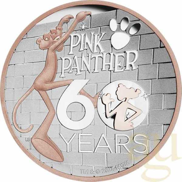 5 Unzen Silbermünze Tuvalu - 60 Jahre The Pink Panther 2024 - High Relief - teilvergoldet