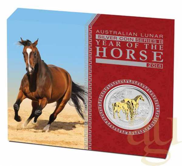 1 Unze Silber Australien Lunar II Pferd 2014 teilvergoldet + Box + Zertifikat
