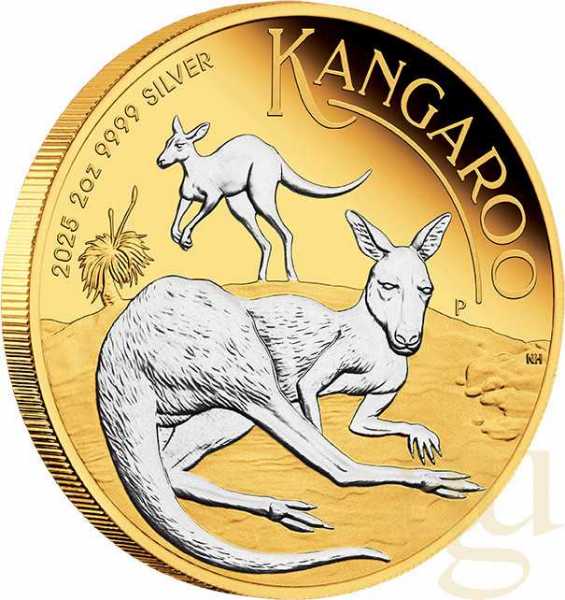 2 Unzen Silbermünze Australien Känguru 2025 teilvergoldet
