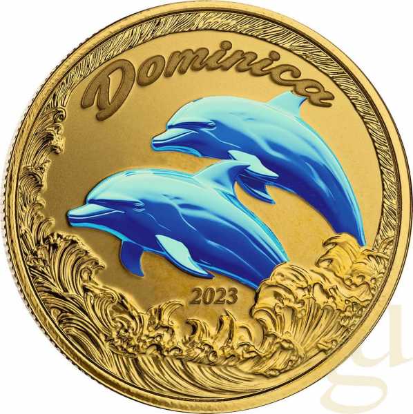 1 Unze Goldmünze EC8 Dominica - Delfin 2023 - coloriert