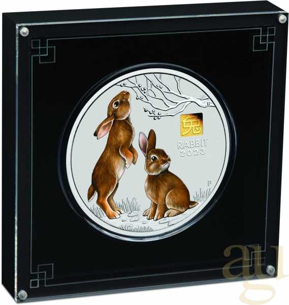 1 Kilogramm Silbermünze Australien Lunar III Hase 2023 - coloriert mit 1g Gold Privy Mark