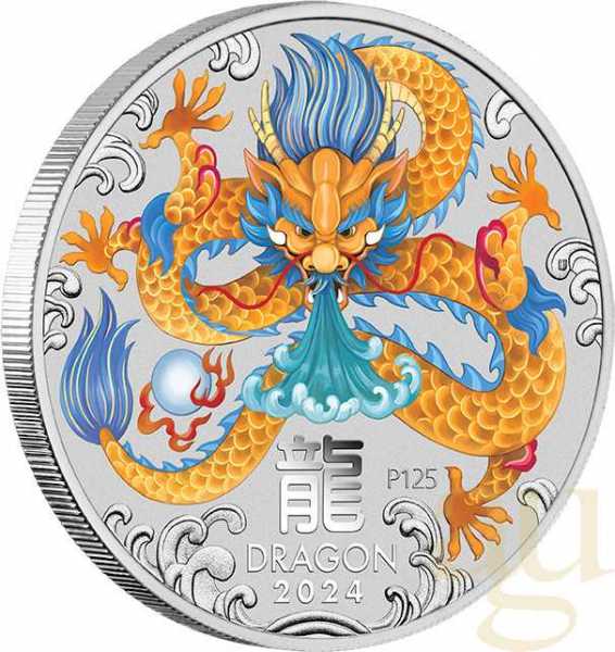 2 Unzen Silbermünze Australien Lunar III Drache 2024 - coloriert