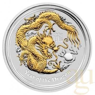 1 Unze Silbermünze Australien Lunar II Drache 2012 teilvergoldet + Box + Zertifikat