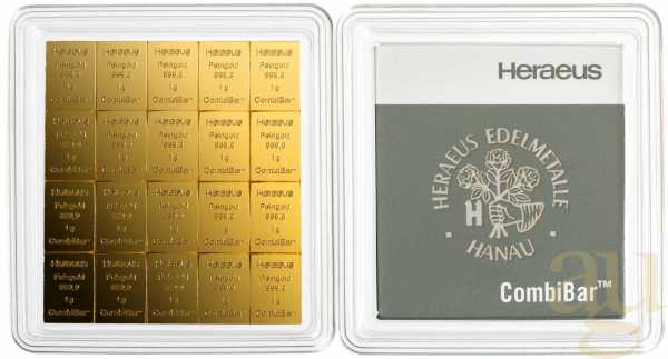 20 x 1g Gold Heraeus Combibarren / Goldtafel / Tafelbarren