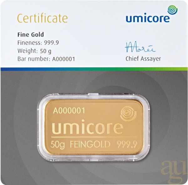 50 Gramm Goldbarren Umicore