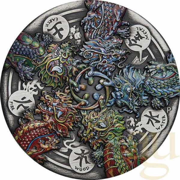 5 Unzen Silbermünze Tuvalu - Der Drache und die fünf Elemente 2024 - Antik Finish - coloriert