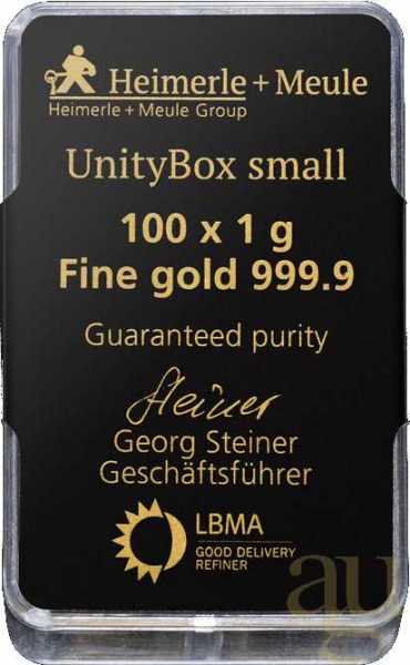 100 x 1 Gramm Goldbarren Heimerle + Meule UnityBox