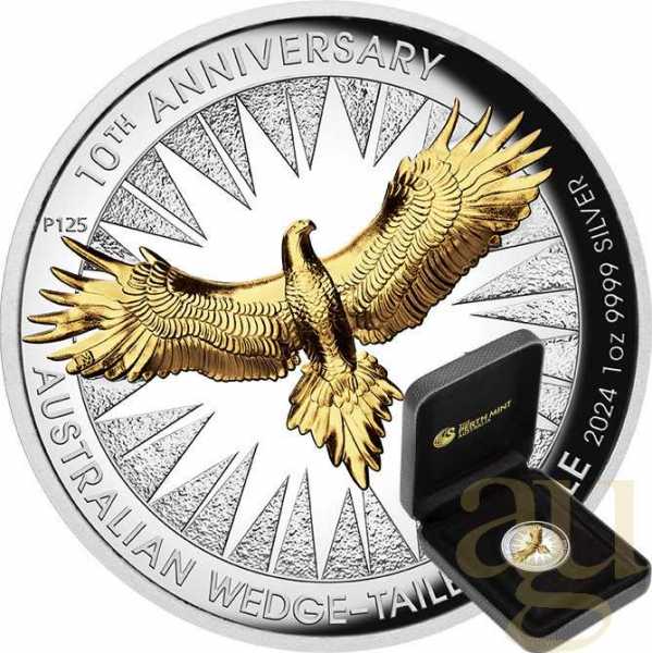 1 Unze Silbermünze Australien Wedge Tailed Eagle 10th Anniversary 2024 High Relief - teilvergoldet