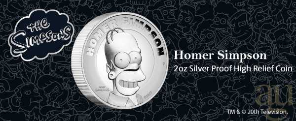 2 Unzen Silbermünze Tuvalu The Simpsons - Homer Simpson 2021 - polierte Platte - High Relief