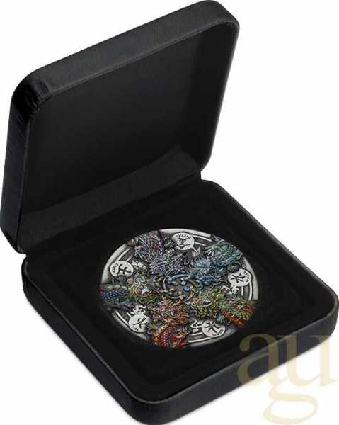 5 Unzen Silbermünze Tuvalu - Der Drache und die fünf Elemente 2024 - Antik Finish - coloriert